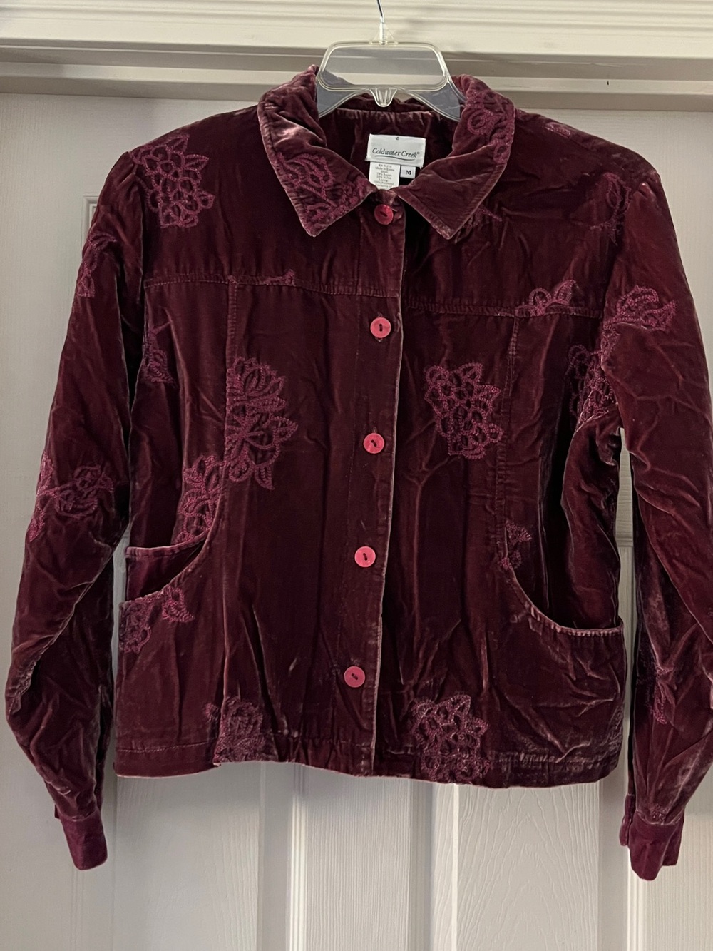 Coldwater Creek Deep Burgundy Velvet Embroidered Button Jacket size Medium
